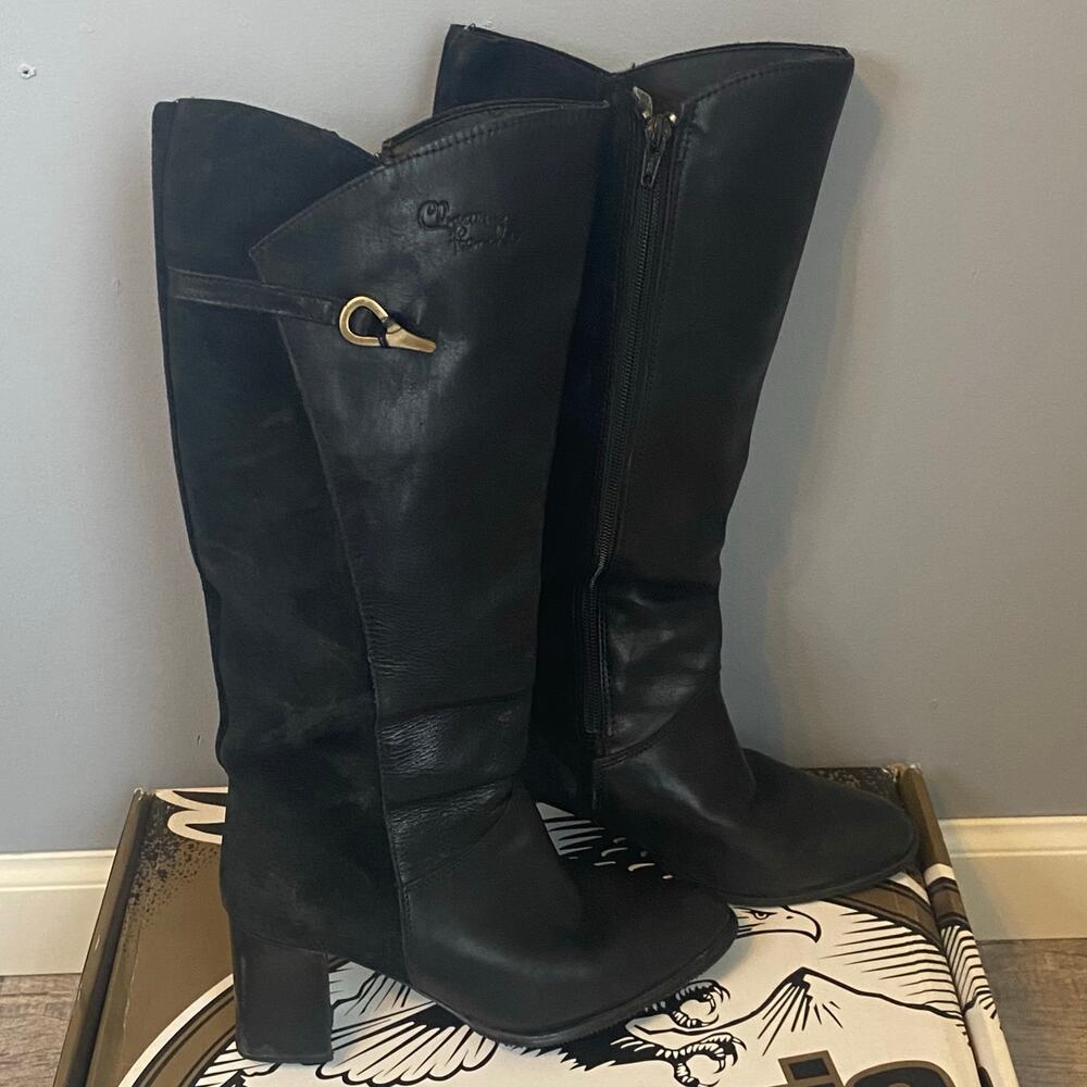 Christian Franchet Black Leather Mid-Calf Heels Boots Womens 6.5